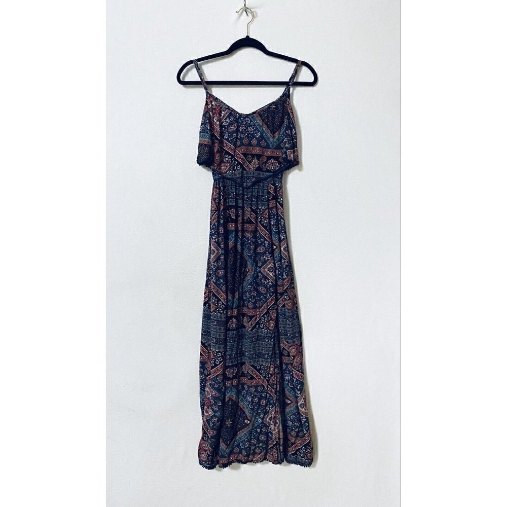 American Eagle Womens XS Boho Maxi Dress Ruffle Front Crochet Trim Front Slits